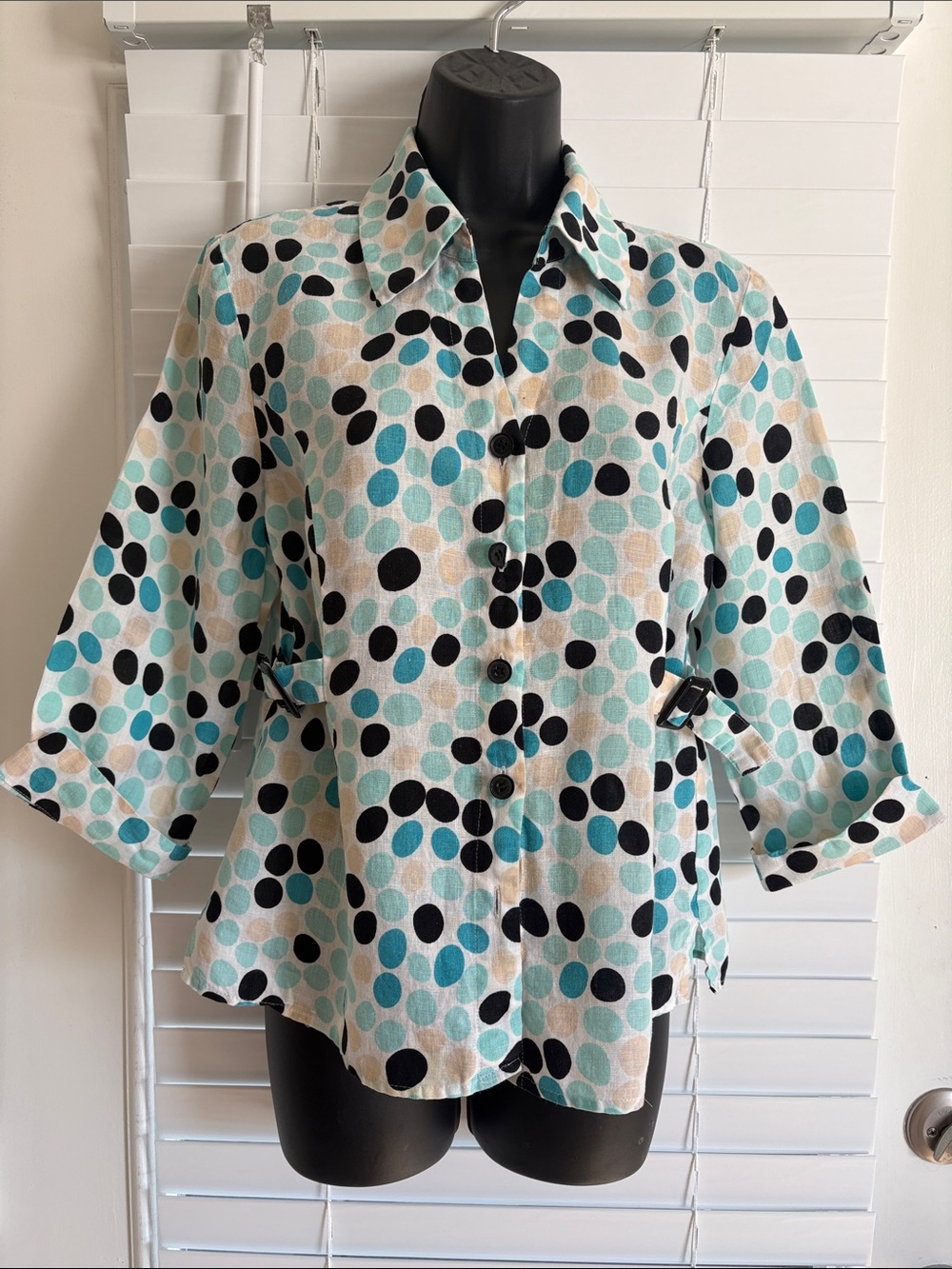 david brooks 100% Linen Preppy Career Polka Dot Button Down Top SZ M